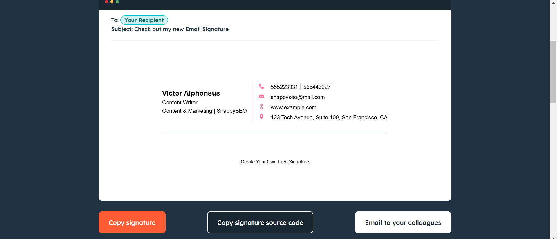 Giao diện chữ ký email của HubSpot