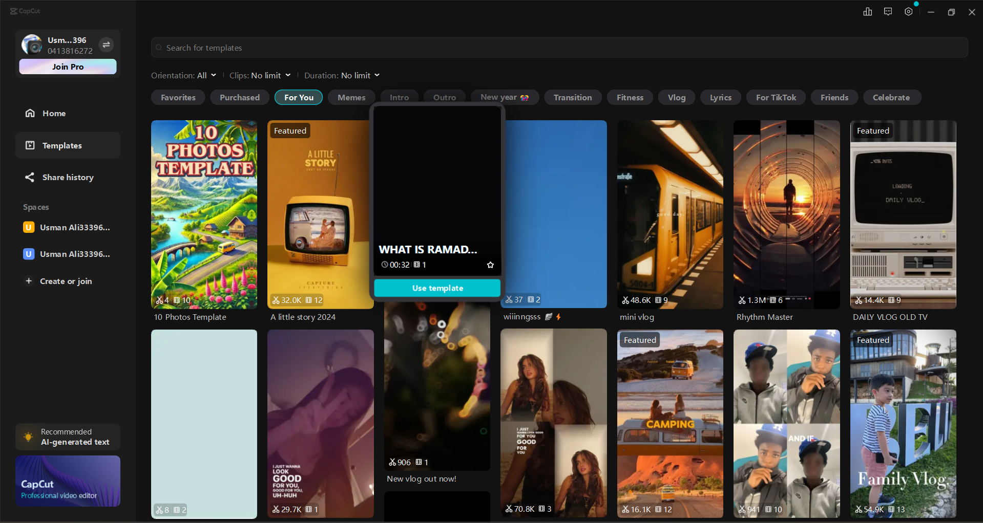 Deschiderea șabloanelor în editorul video CapCut desktop