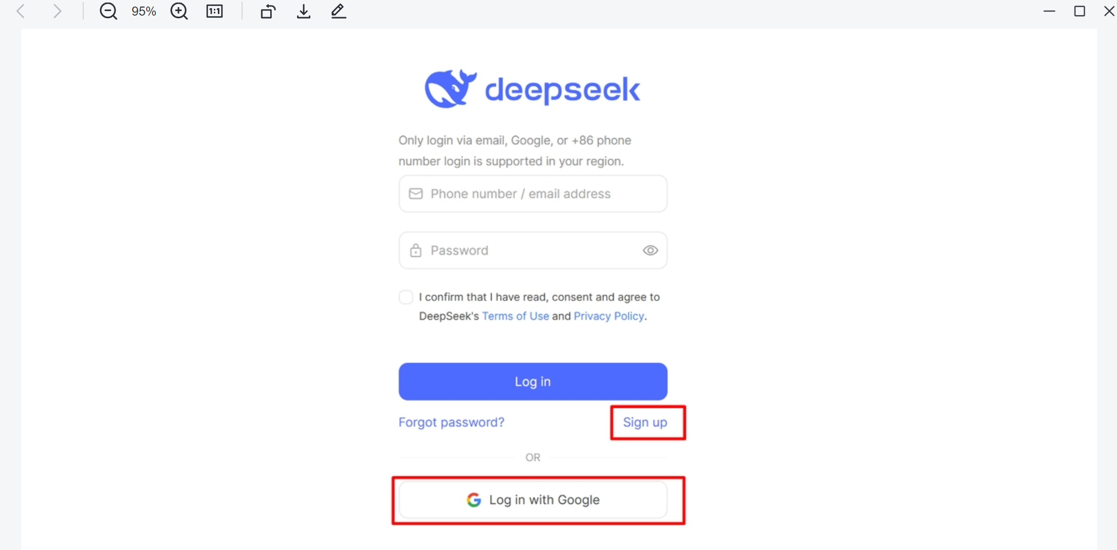 Memilih metode masuk untuk mendaftar di DeepSeek