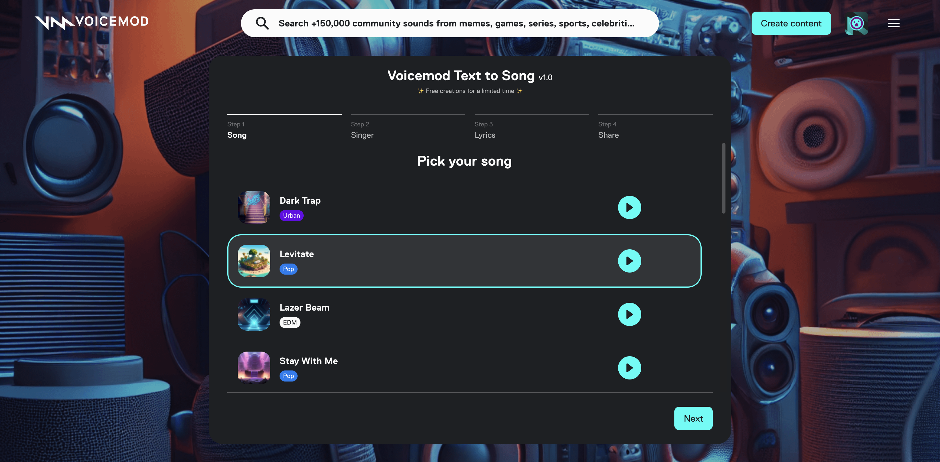 Voicemod text to song interface