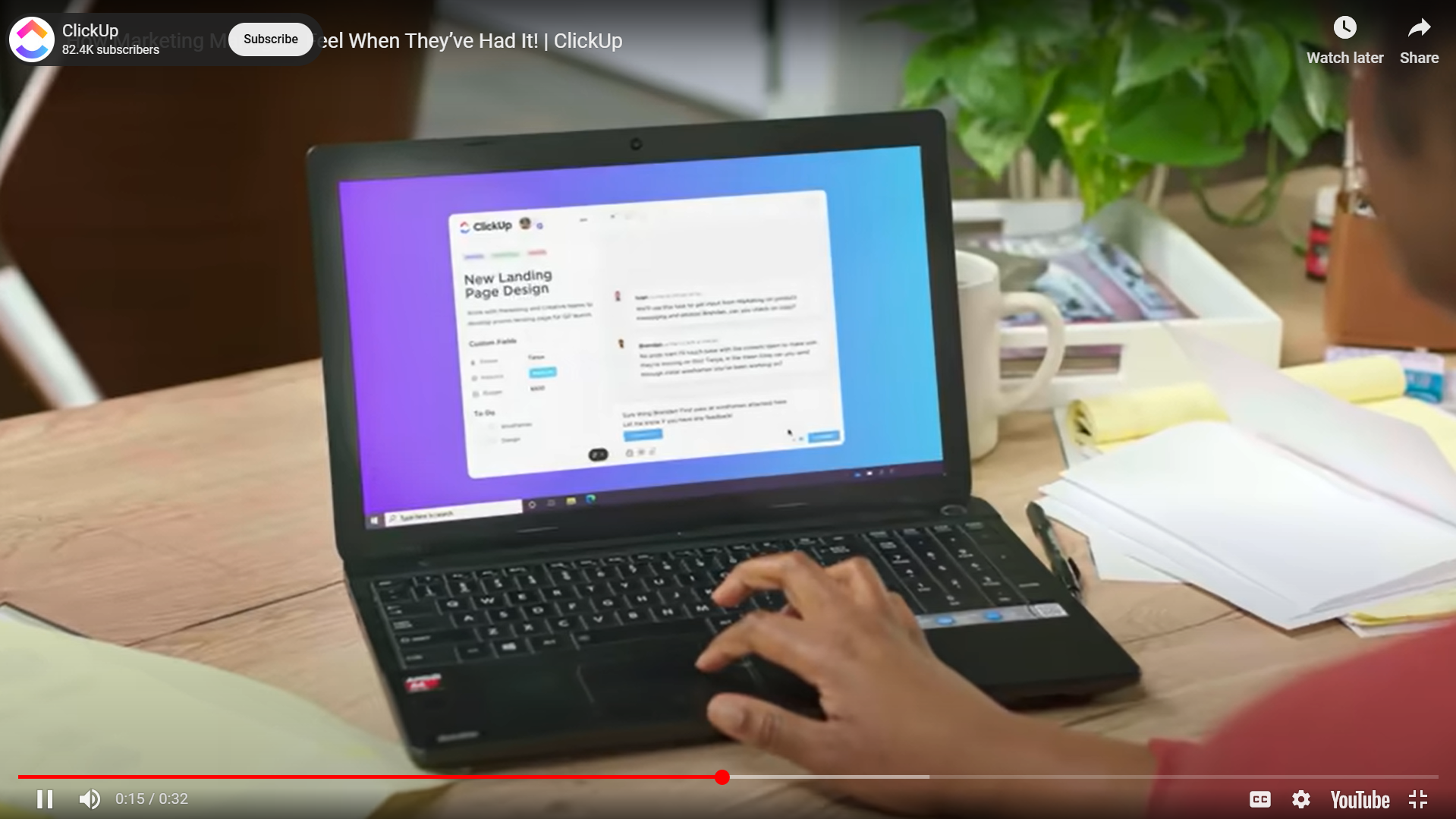一個用幽默故事講述ClickUp的YouTube廣告例子
