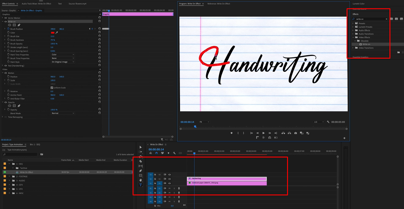 Applying animation to the text layer in Premiere Pro for handwriting effect