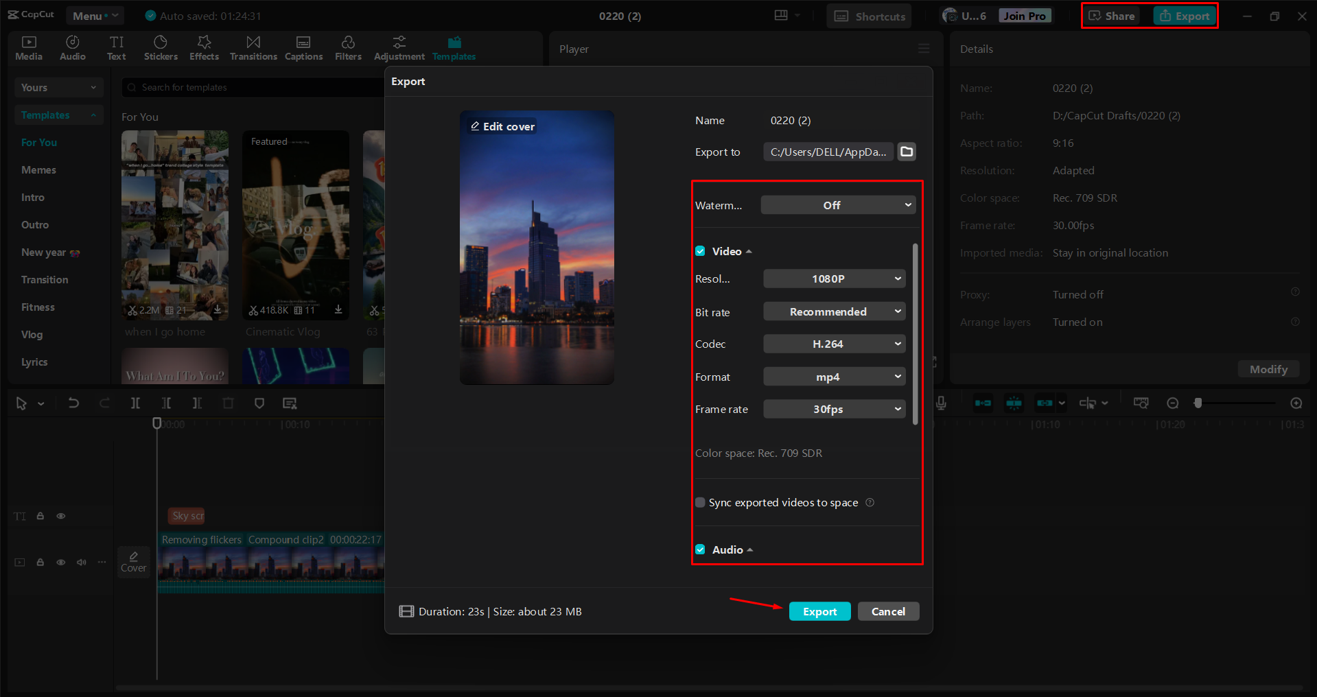 Exportul unui videoclip din editorul video CapCut desktop