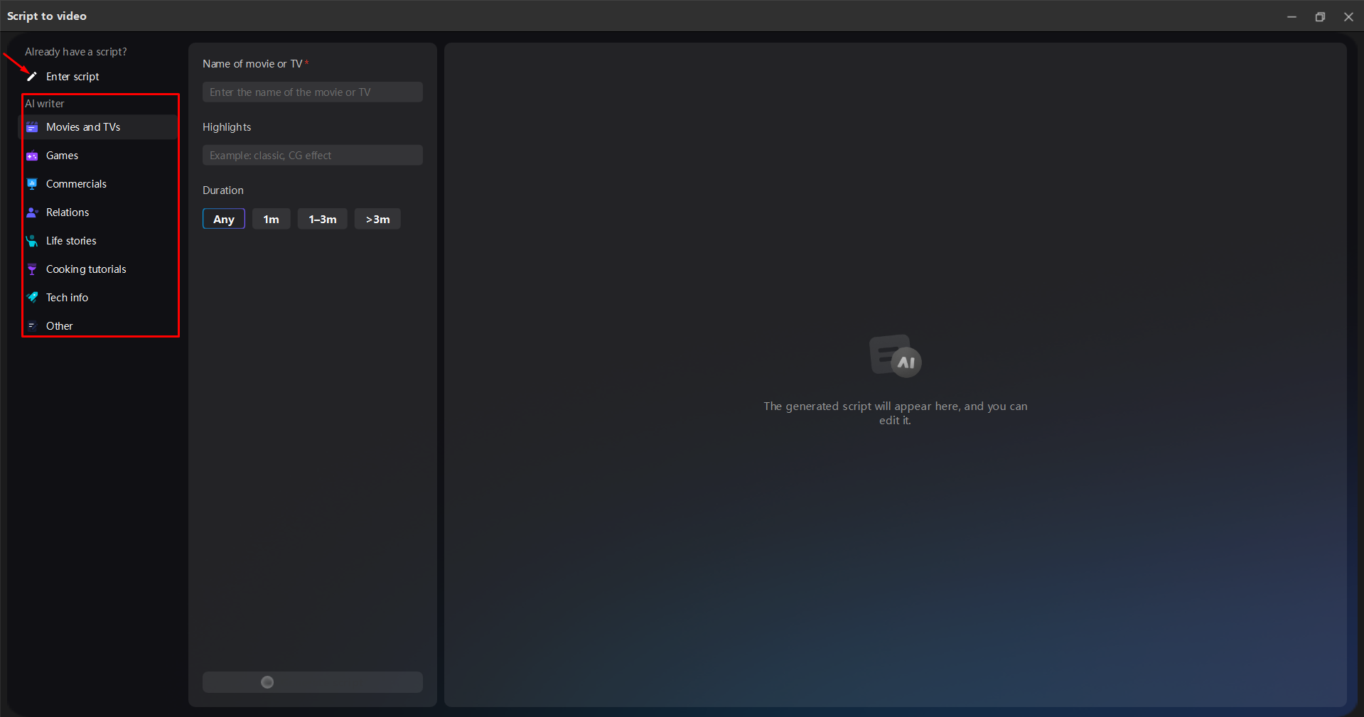 Choosing a theme based AI writer in the CapCut desktop video editor