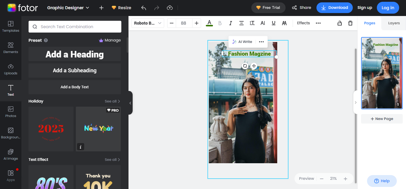 Interface of Fotor - the versatile tool to write text on images online for free