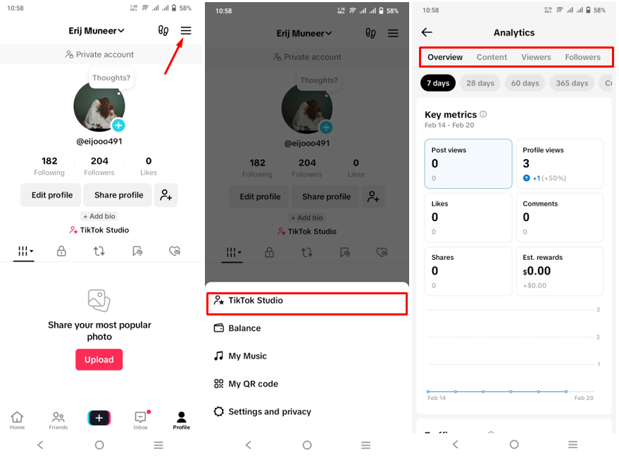 תמונה המציגה כיצד לראות ניתוחים בחשבון האישי של TikTok