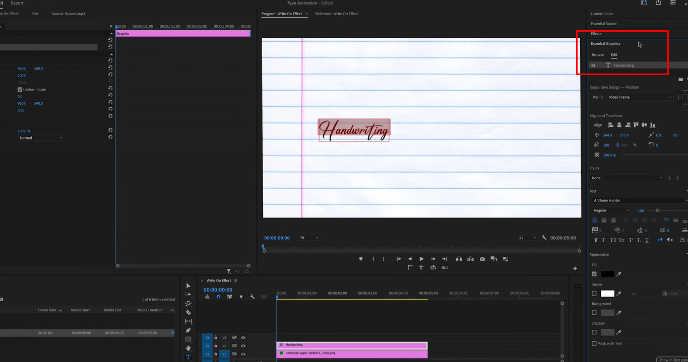 Creating text layer to create handwriting animation in Premiere Pro