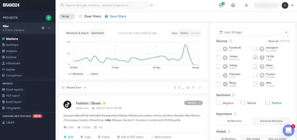 Interface of Brand24 - a trend-driven TikTok analytics tracker