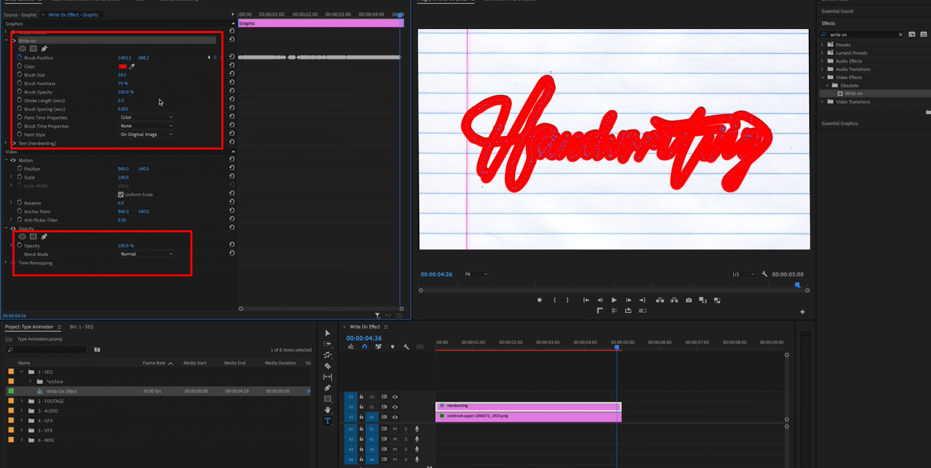 Adjusting the timing and speed of handwriting animation in Premiere Pro