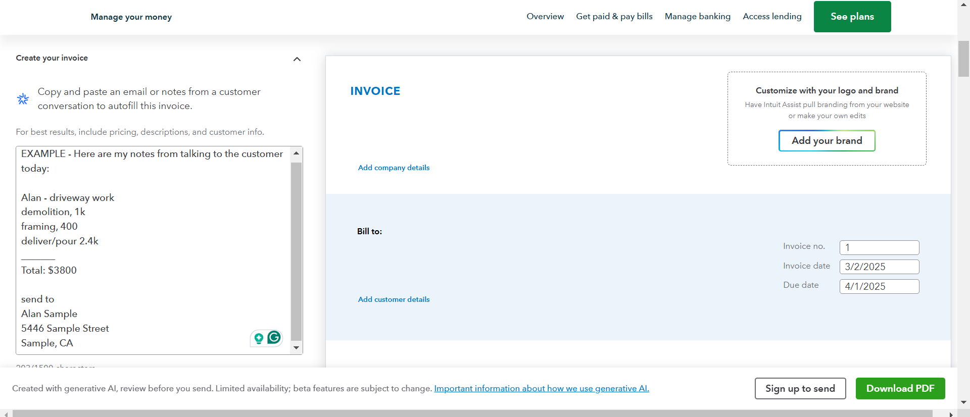QuickBooks invoice maker page