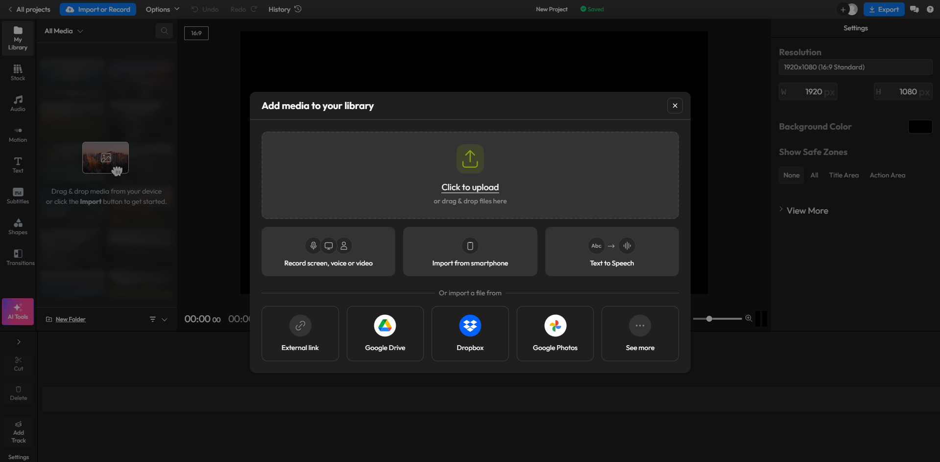 Interface of Flixier - an online free video editor for YouTube Shorts