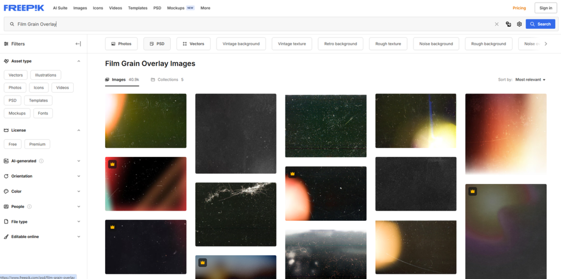 Antara muka Freepik- tapak dalam talian untuk lapisan butiran filem foto