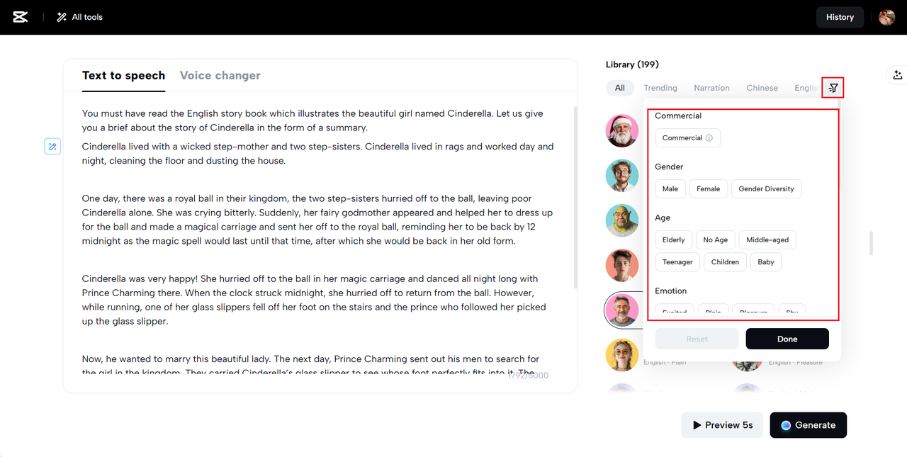 Diverse voice filters for selection
