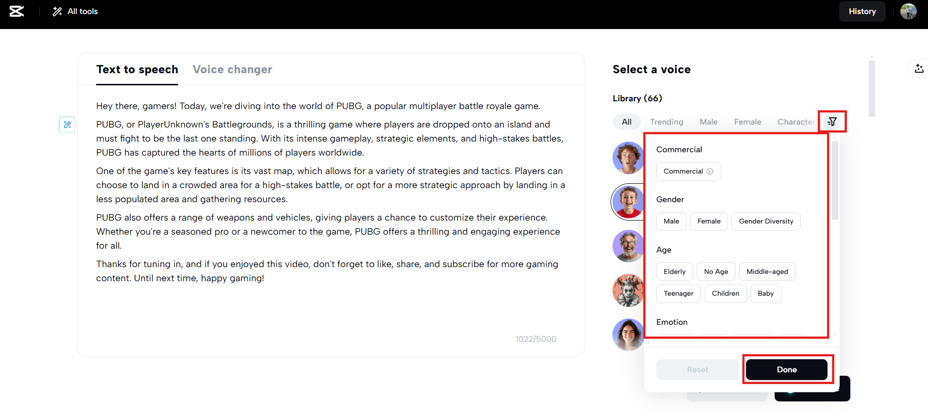 Pick voice from library